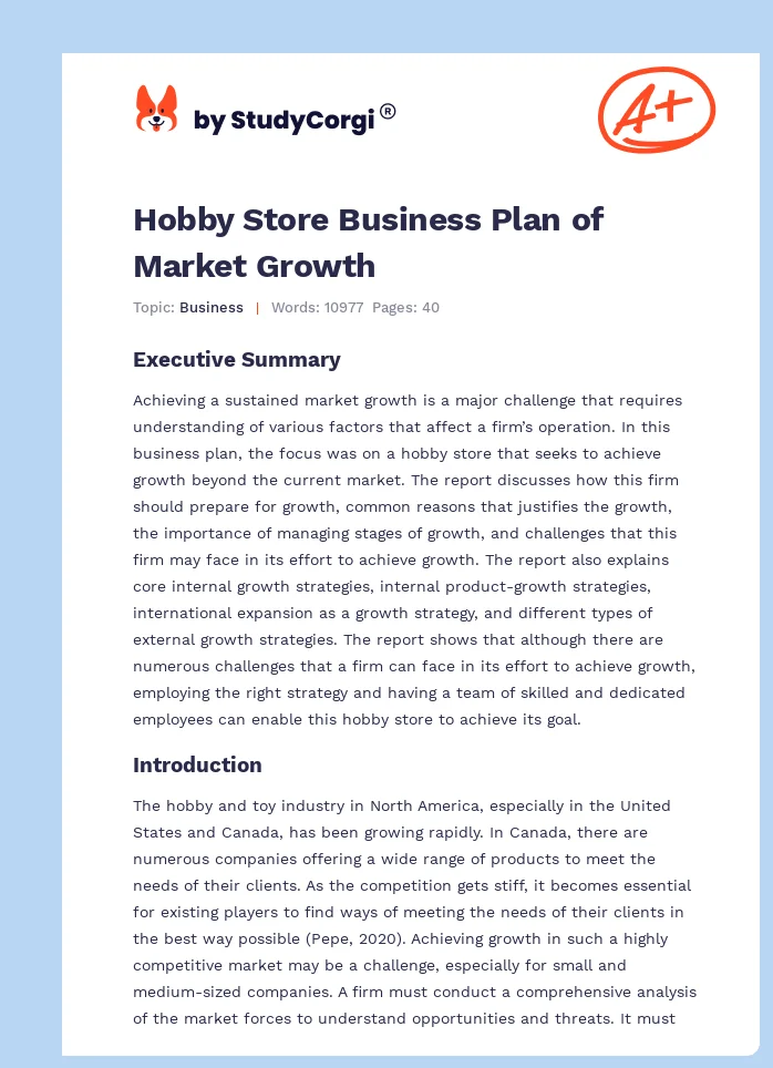 Hobby Store Business Plan of Market Growth. Page 1