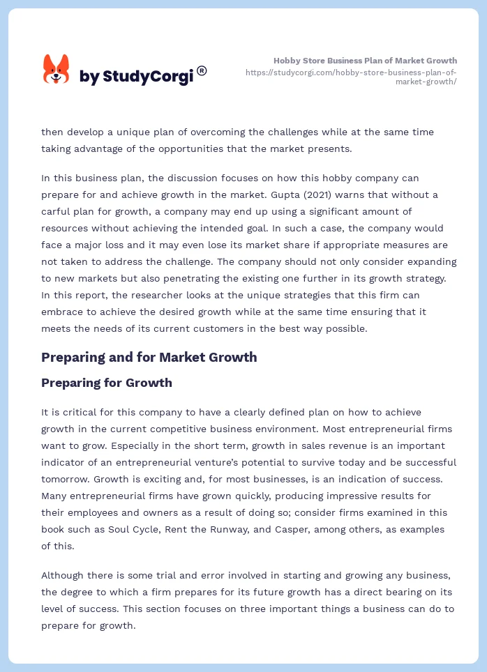 Hobby Store Business Plan of Market Growth. Page 2