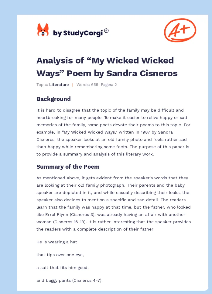 Analysis of “My Wicked Wicked Ways” Poem by Sandra Cisneros. Page 1