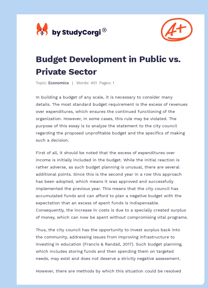 Budget Development in Public vs. Private Sector. Page 1
