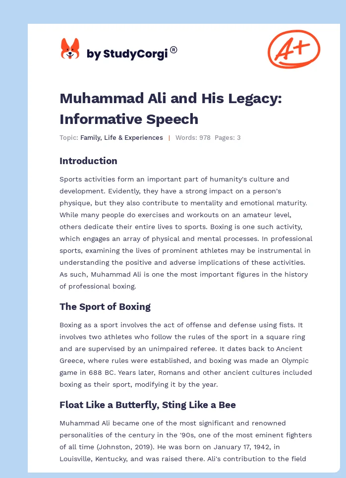 Muhammad Ali and His Legacy: Informative Speech. Page 1