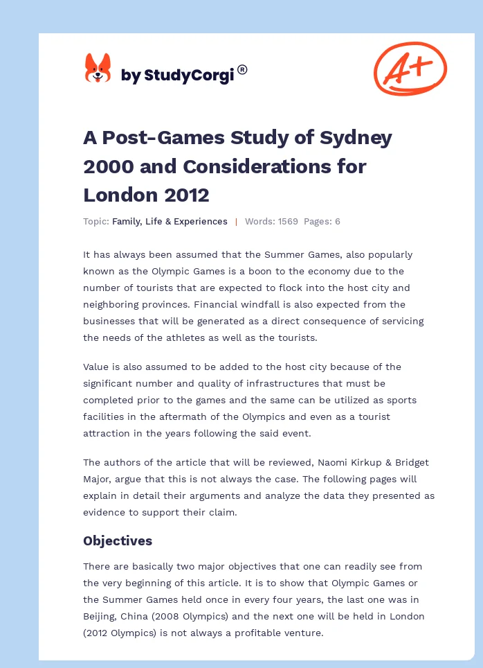 A Post-Games Study of Sydney 2000 and Considerations for London 2012. Page 1