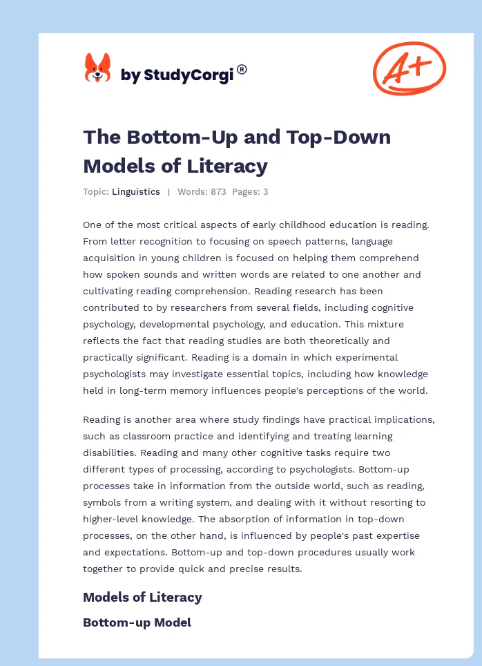 The Bottom-Up and Top-Down Models of Literacy. Page 1