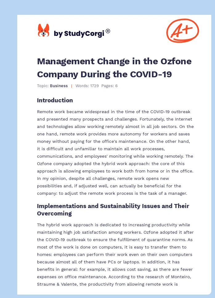 Management Change in the Ozfone Company During the COVID-19. Page 1