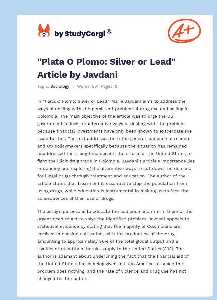 "Plata O Plomo: Silver or Lead" Article by Javdani. Page 1