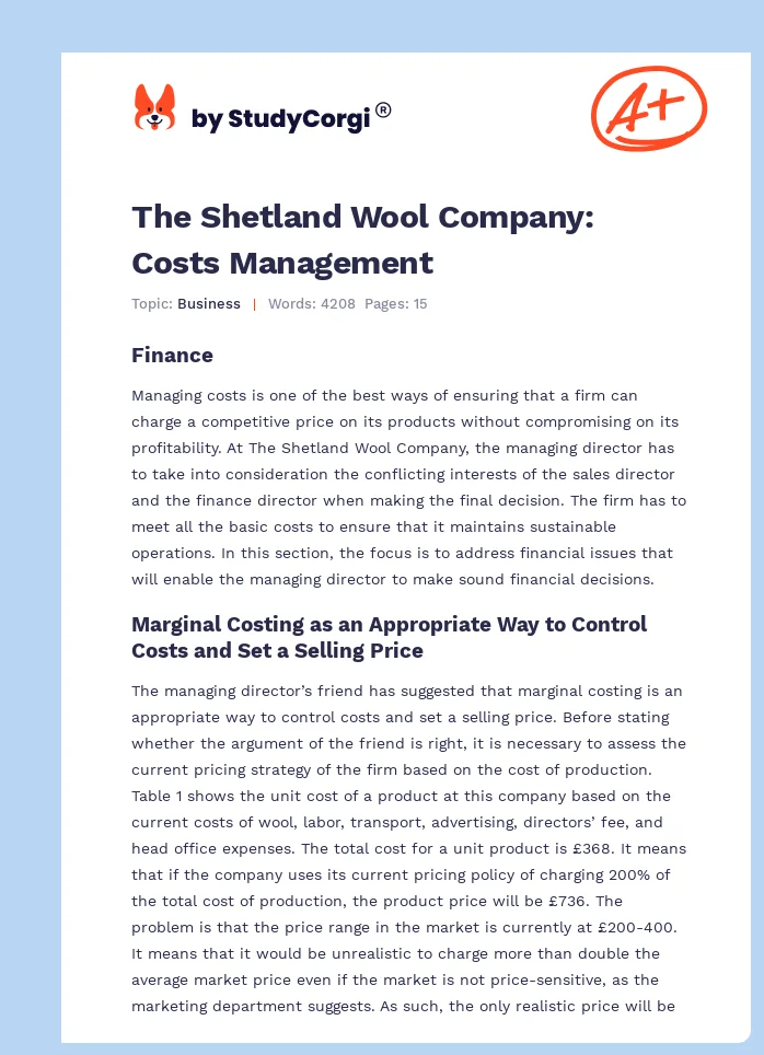 The Shetland Wool Company: Costs Management. Page 1