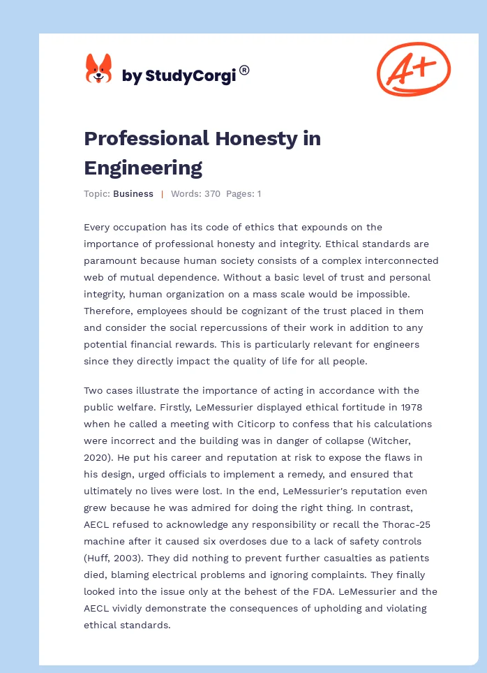 Professional Honesty in Engineering. Page 1