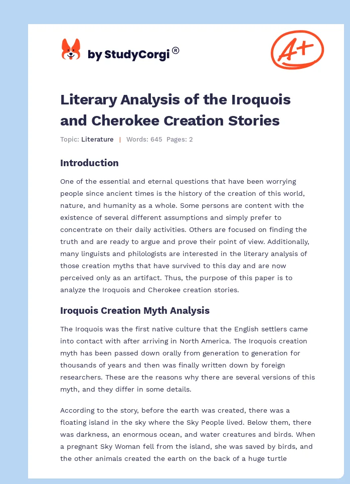 Literary Analysis of the Iroquois and Cherokee Creation Stories. Page 1