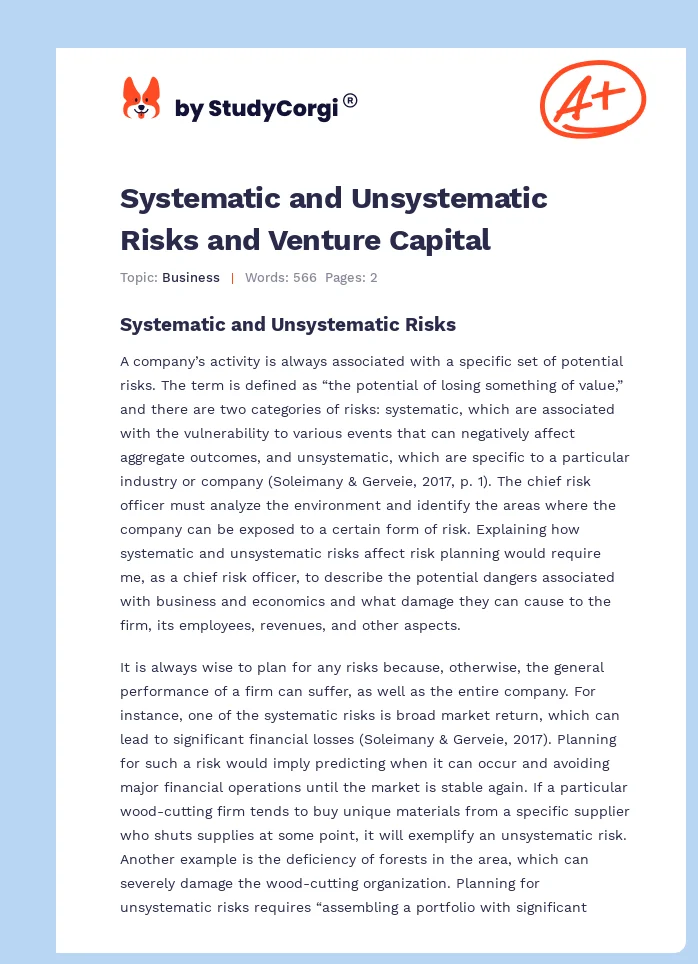 Systematic and Unsystematic Risks and Venture Capital. Page 1