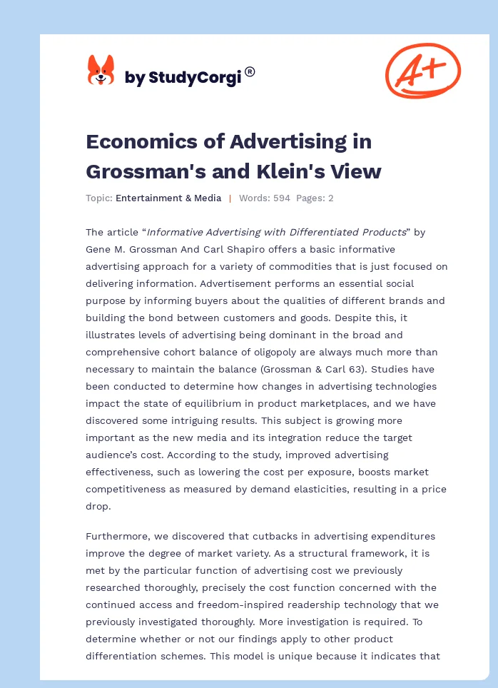 Economics of Advertising in Grossman's and Klein's View. Page 1