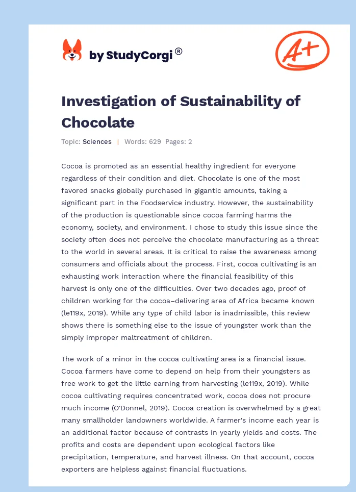 Investigation of Sustainability of Chocolate. Page 1