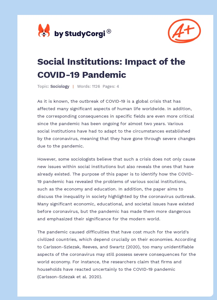Social Institutions: Impact of the COVID-19 Pandemic. Page 1