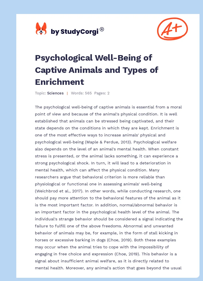 Psychological Well-Being of Captive Animals and Types of Enrichment. Page 1