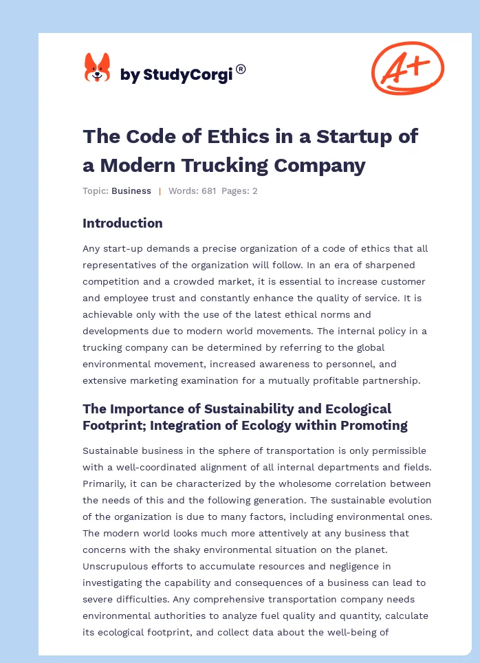 The Code of Ethics in a Startup of a Modern Trucking Company. Page 1