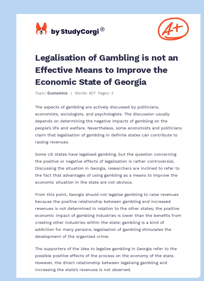 Legalisation of Gambling is not an Effective Means to Improve the Economic State of Georgia. Page 1