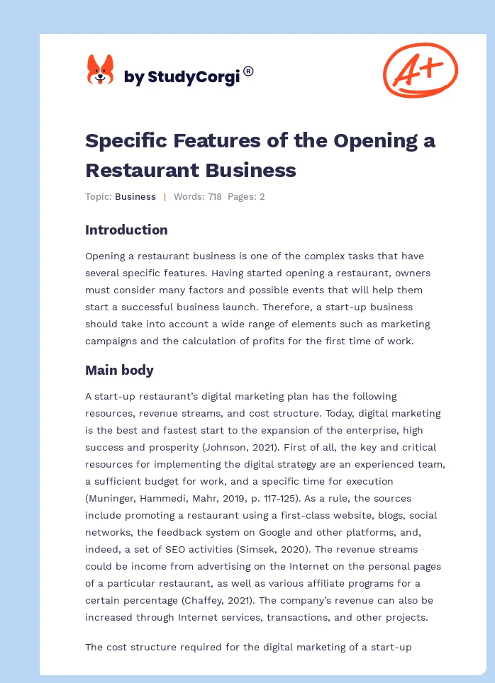 Specific Features of the Opening a Restaurant Business. Page 1
