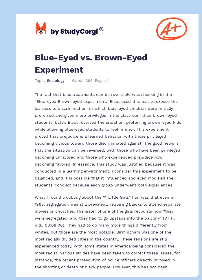 Blue-Eyed vs. Brown-Eyed Experiment. Page 1