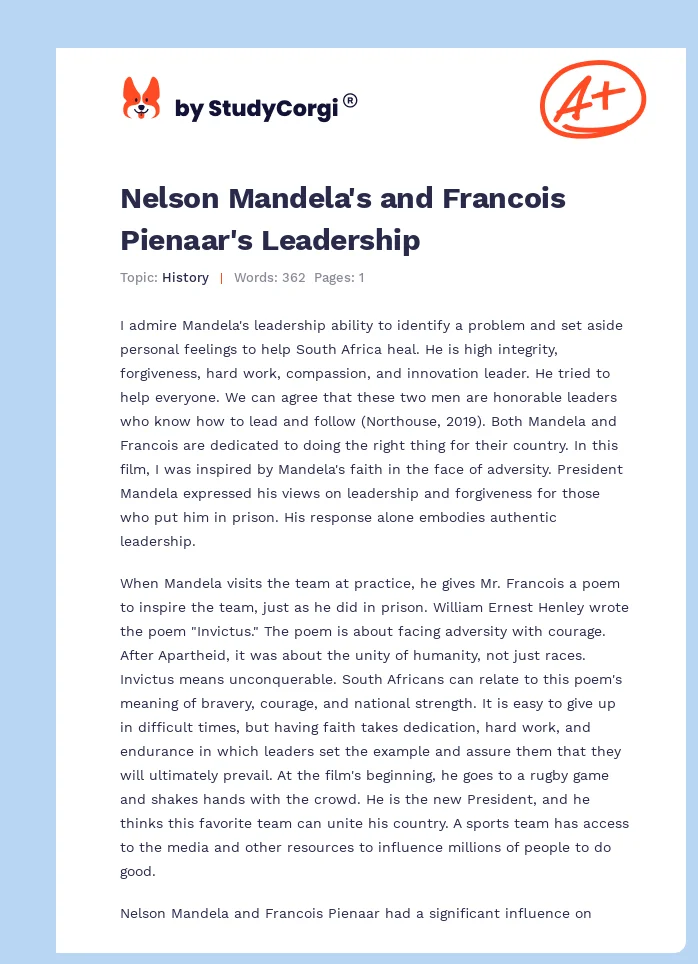 Nelson Mandela's and Francois Pienaar's Leadership. Page 1