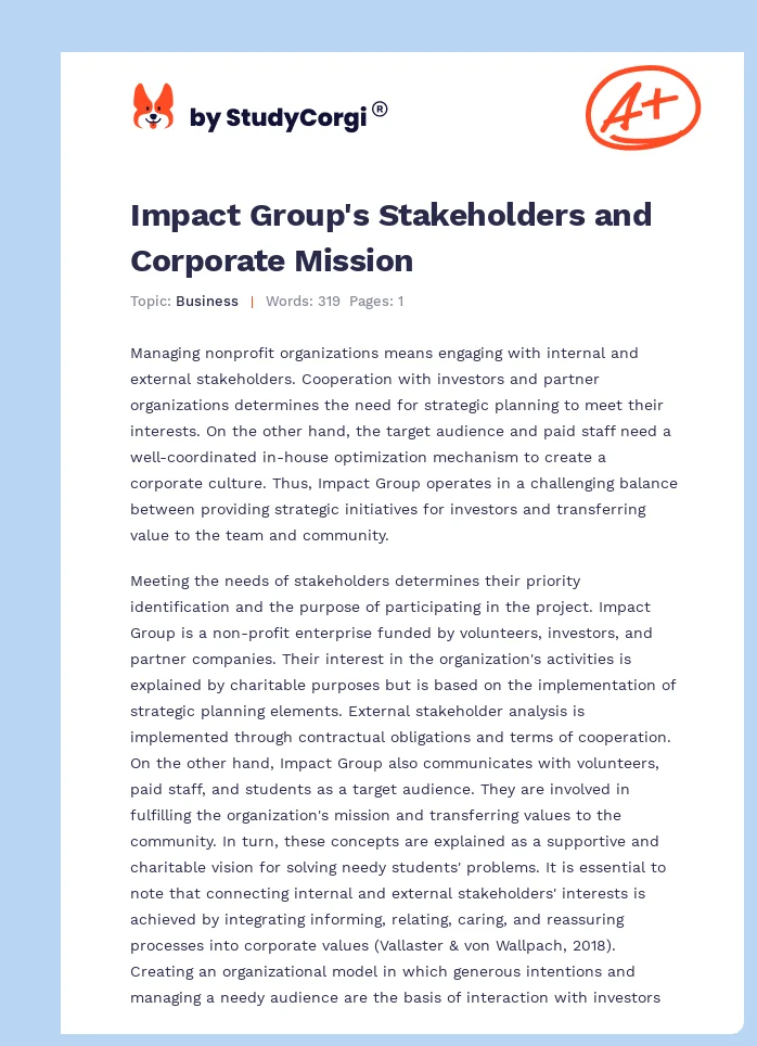 Impact Group's Stakeholders and Corporate Mission. Page 1
