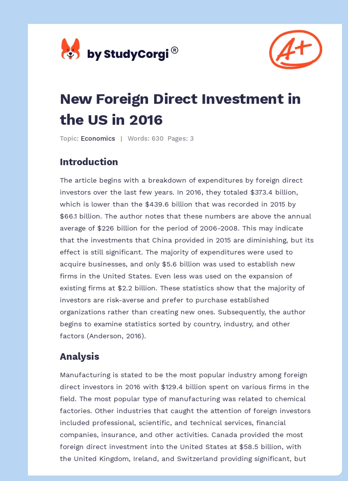 New Foreign Direct Investment in the US in 2016. Page 1