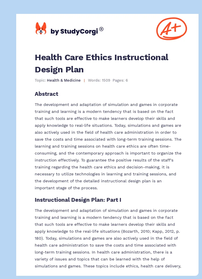 Health Care Ethics Instructional Design Plan. Page 1