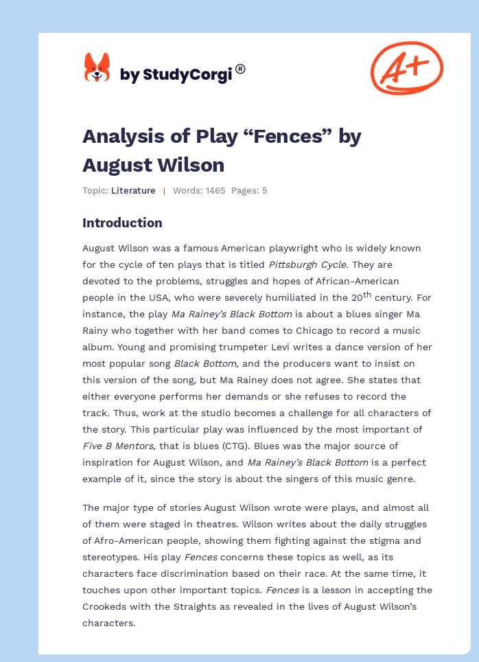 Analysis of Play “Fences” by August Wilson. Page 1