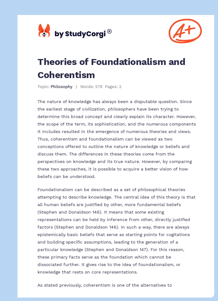 Theories of Foundationalism and Coherentism. Page 1