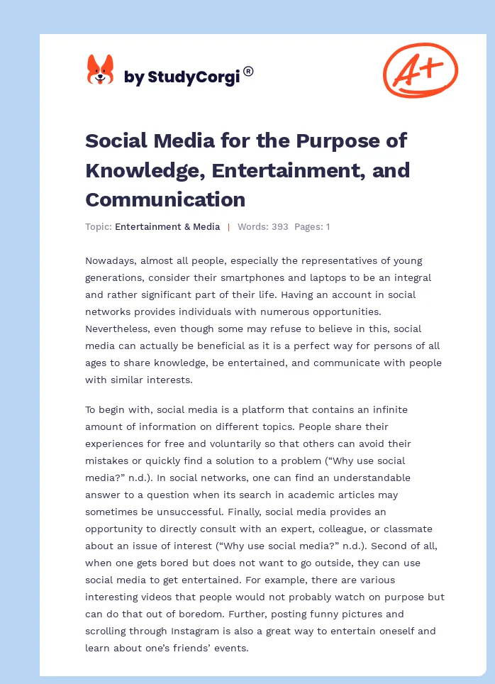 Social Media for the Purpose of Knowledge, Entertainment, and Communication. Page 1