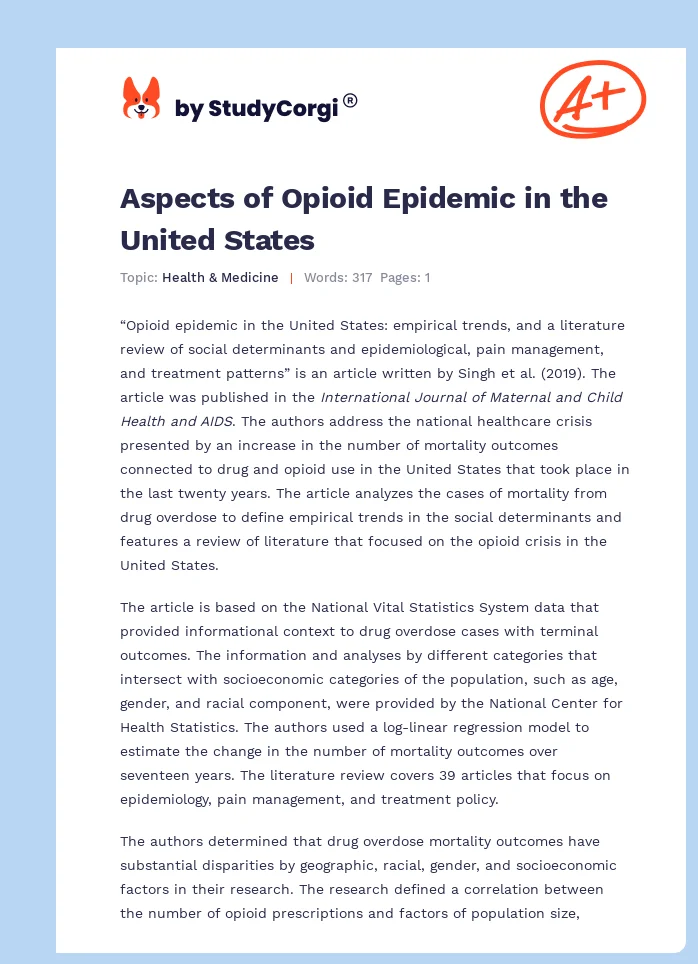 Aspects of Opioid Epidemic in the United States. Page 1