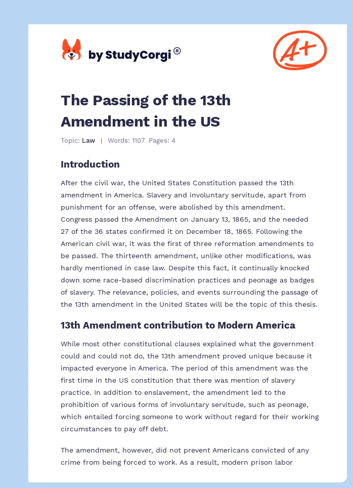 The Passing of the 13th Amendment in the US | Free Essay Example