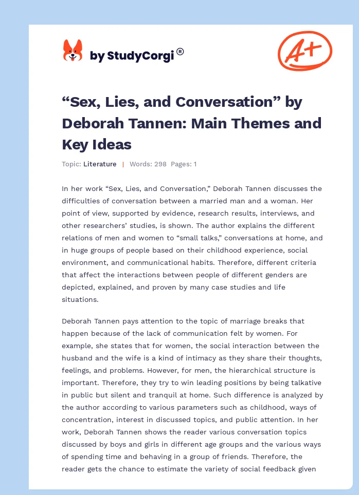 Sex Lies And Conversation By Deborah Tannen Main Themes And Key Ideas Free Essay Example