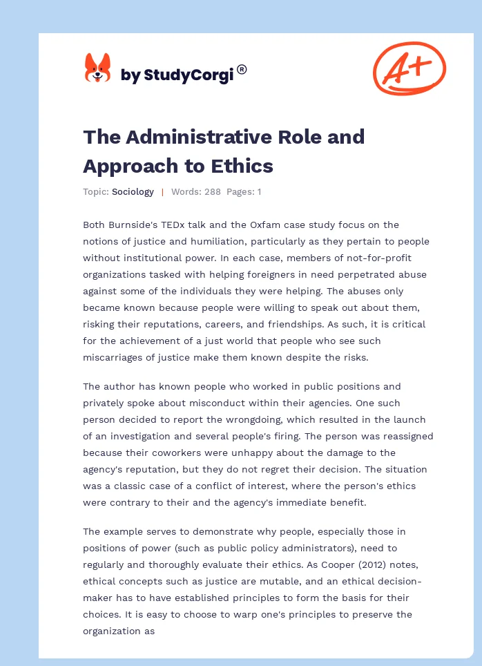 The Administrative Role and Approach to Ethics. Page 1