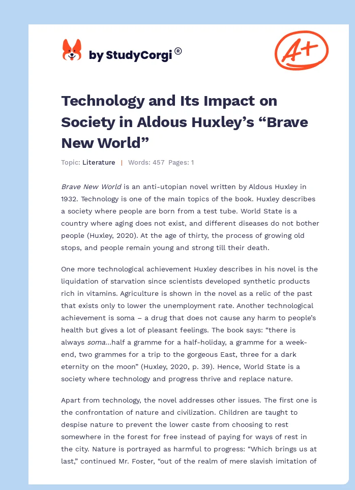 Technology and Its Impact on Society in Aldous Huxley’s “Brave New World”. Page 1