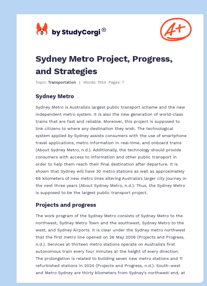 Sydney Metro Project, Progress, and Strategies. Page 1