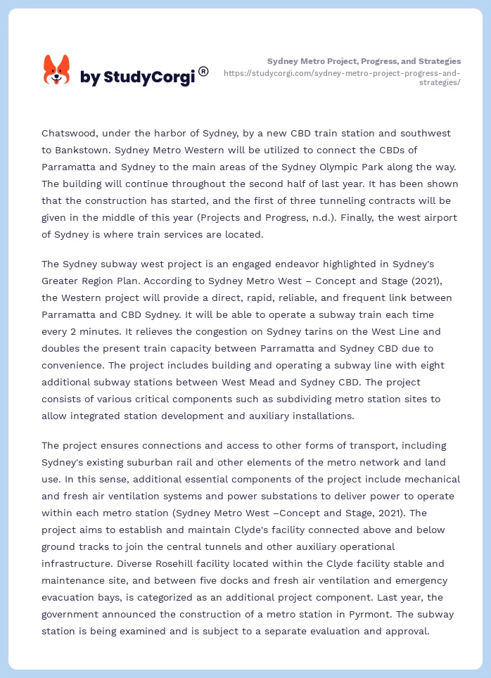 Sydney Metro Project, Progress, and Strategies. Page 2