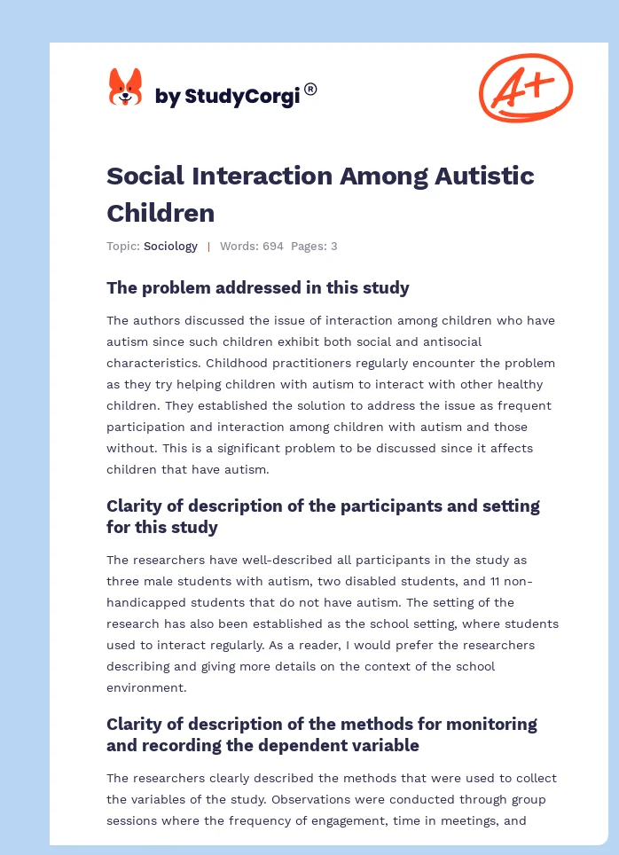 Social Interaction Among Autistic Children. Page 1
