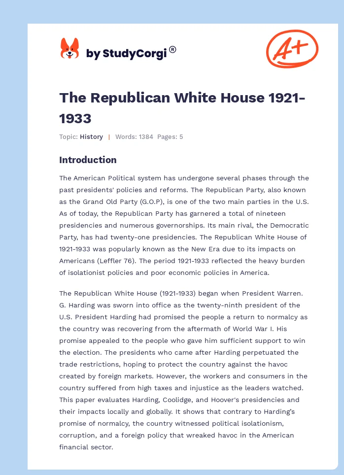 The Republican White House 1921-1933. Page 1