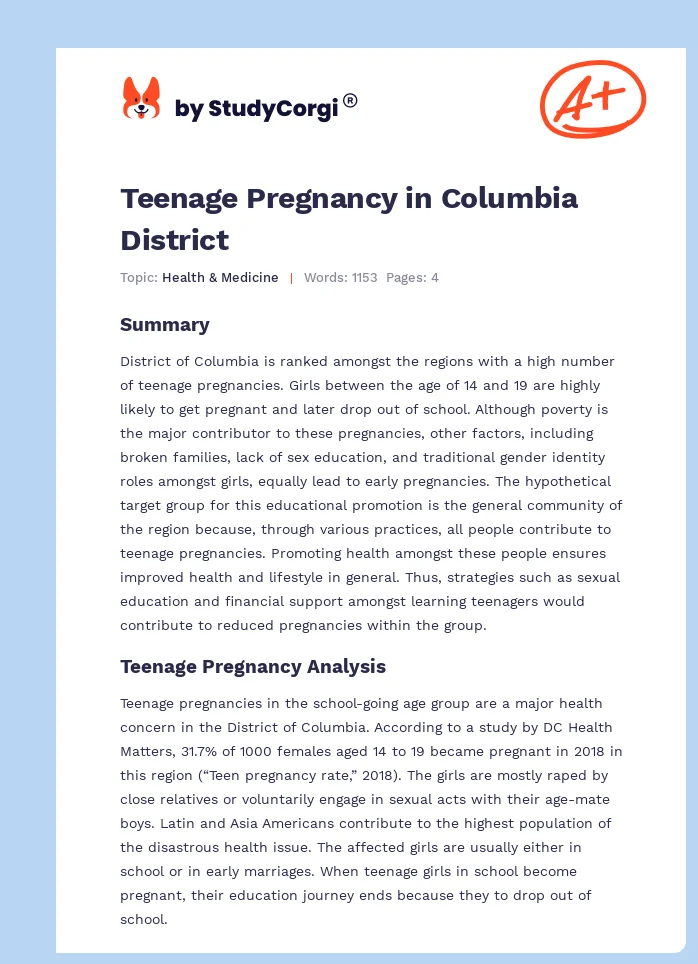 Teenage Pregnancy in Columbia District. Page 1