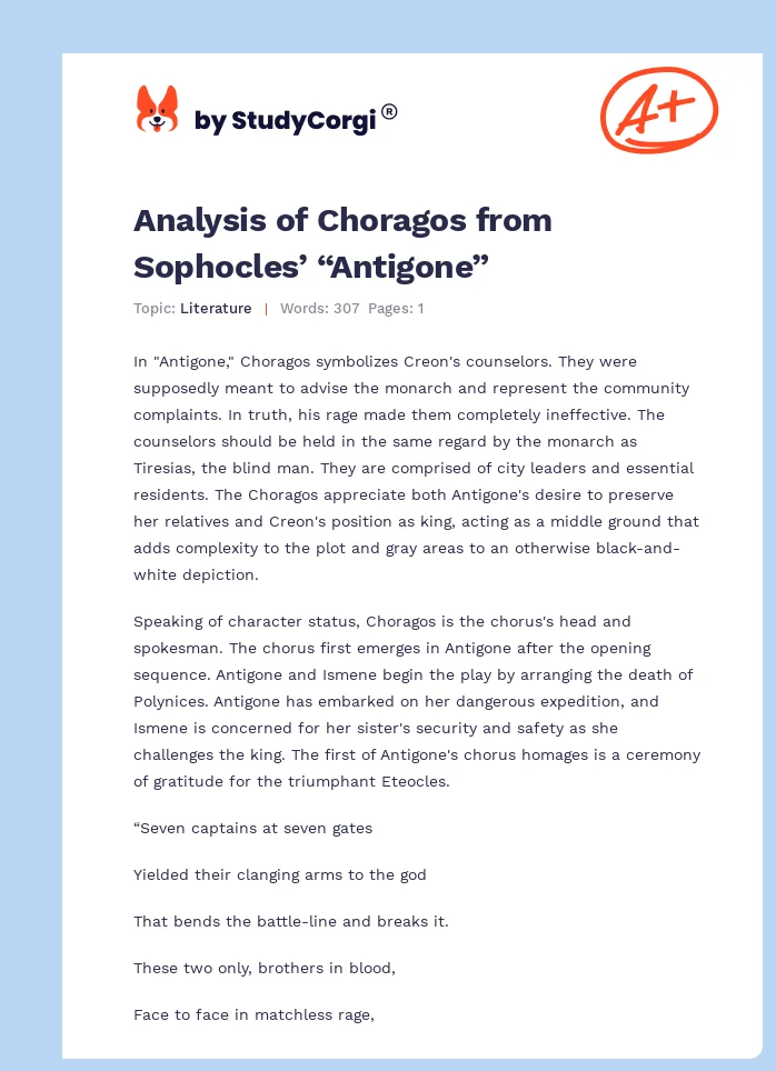 Analysis of Choragos from Sophocles’ “Antigone”. Page 1