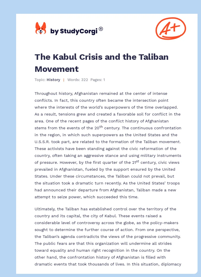 The Kabul Crisis and the Taliban Movement. Page 1