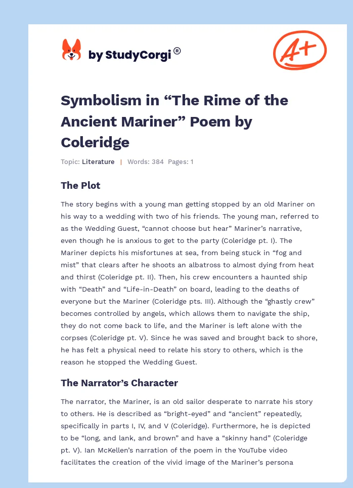 Symbolism in “The Rime of the Ancient Mariner” Poem by Coleridge. Page 1