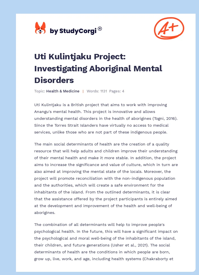 Uti Kulintjaku Project: Investigating Aboriginal Mental Disorders. Page 1