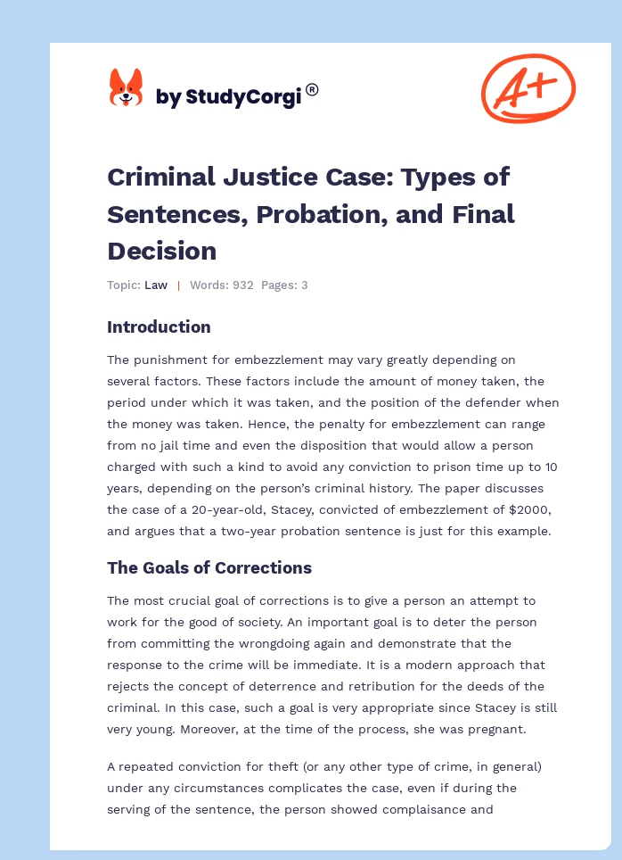 Criminal Justice Case: Types of Sentences, Probation, and Final Decision. Page 1