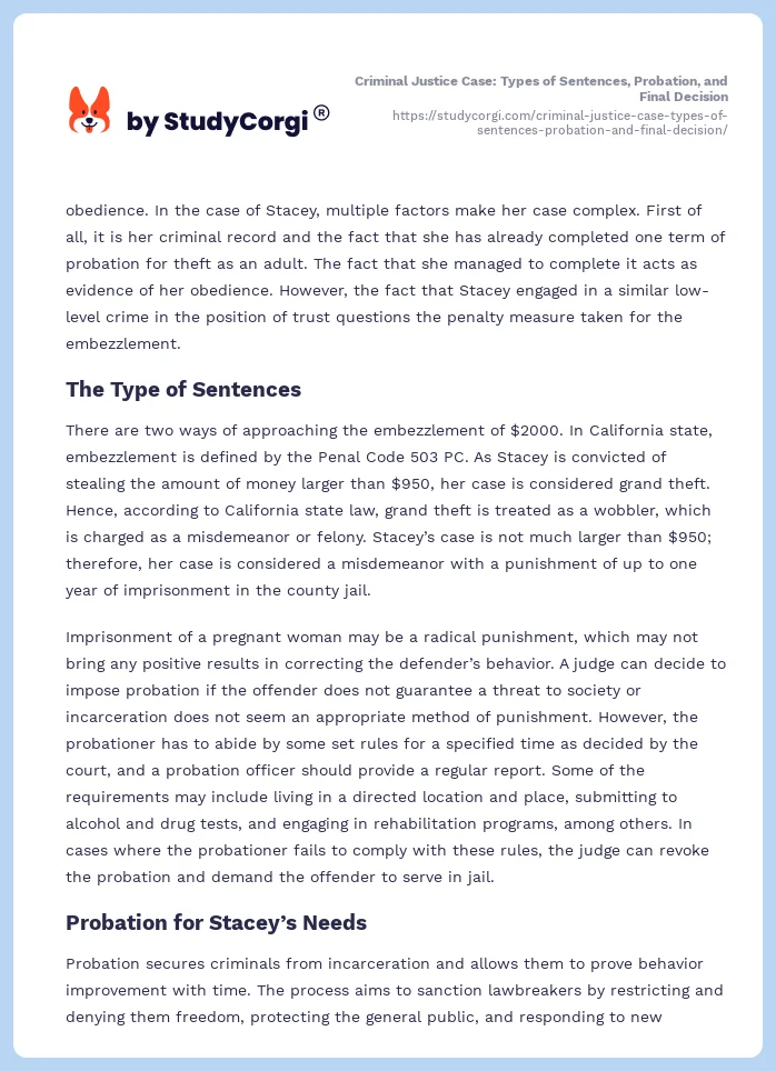 Criminal Justice Case: Types of Sentences, Probation, and Final Decision. Page 2