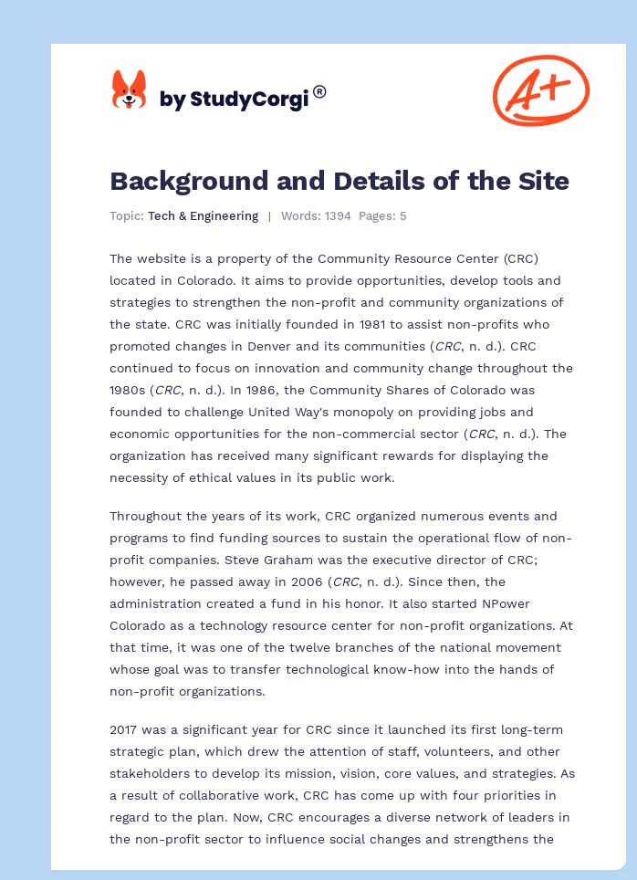 Background and Details of the Site. Page 1