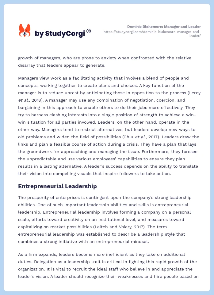 Dominic Blakemore: Manager and Leader. Page 2