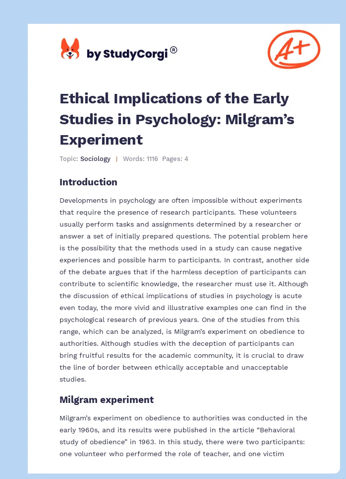 Ethical Implications of the Early Studies in Psychology: Milgram’s Experiment. Page 1