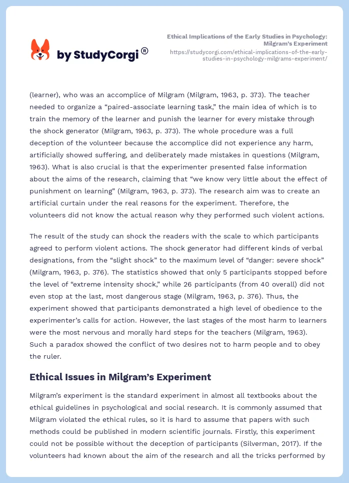 Ethical Implications of the Early Studies in Psychology: Milgram’s Experiment. Page 2