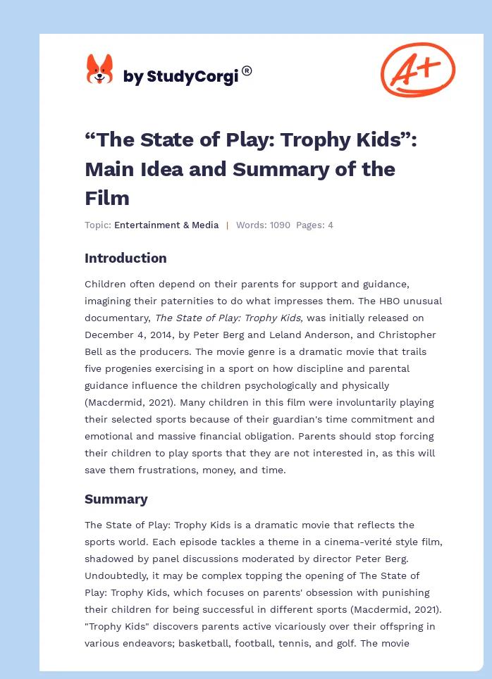 “The State of Play: Trophy Kids”: Main Idea and Summary of the Film. Page 1