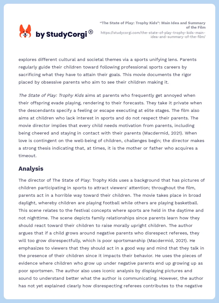 “The State of Play: Trophy Kids”: Main Idea and Summary of the Film. Page 2